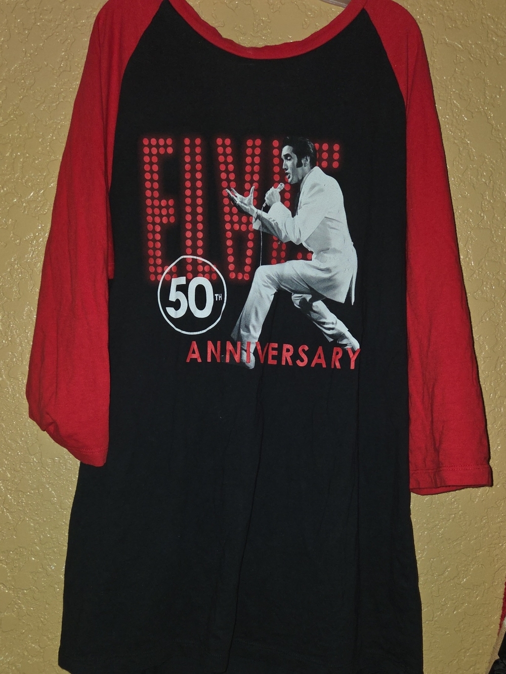 Elvis 50th Anniversary Raglan Long Sleeve Tee - Red/Black - Picture 1 of 3